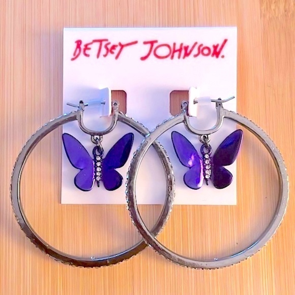 Brand New Betsey Johnson Metallic Purple Butterfly & Rhinestone Hoop Earrings